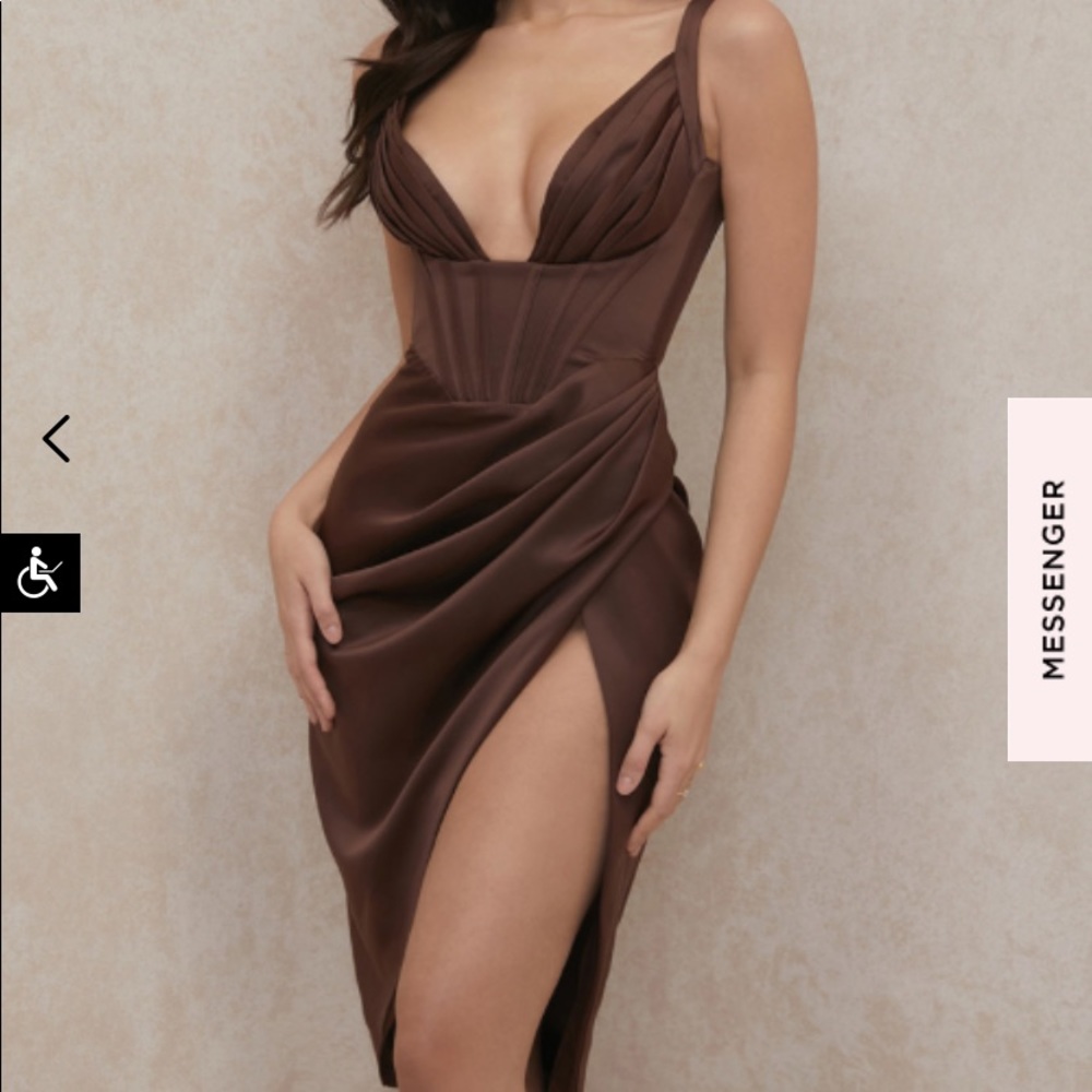 XS rich satin chocolate brown Faye Dress from house of CB. Only tried on once.